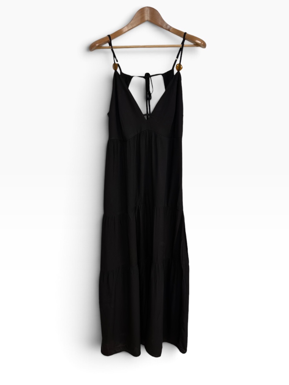 Zinzane Black Tiered Maxi Dress Boho V Neck Tie Back Beaded Size Small S Strappy